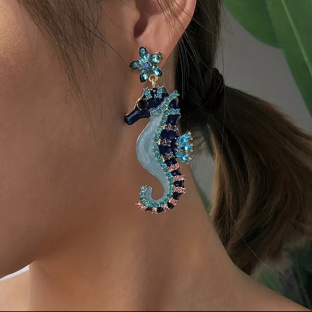 Seahorse Earrings Blue Enameled Rhinestones - Picture 2 of 6